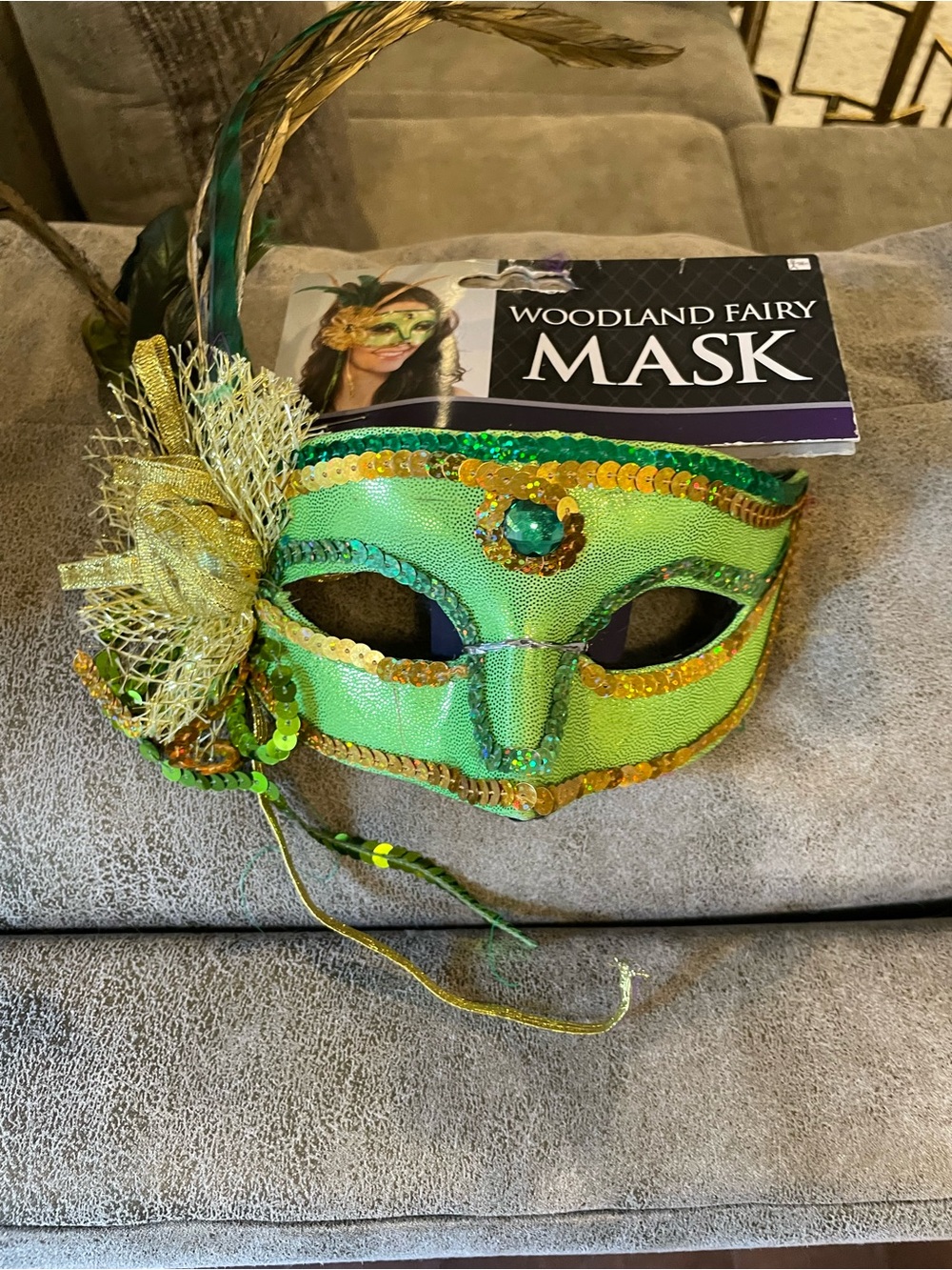 Woodland Fairy Mask Green Gold Sequin Feather Halloween Costume